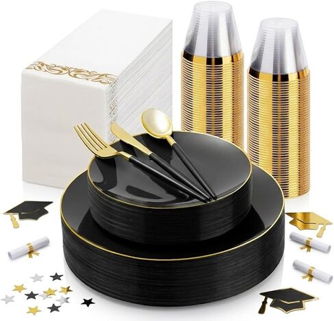175 Pieces Green Gold Plastic Dinnerware Set, Green and Gold Disposable Plates for Party, Include 50 Green Plates with Plastic Cutlery, 25 Napkins and 25 Cups in Saudi Arabia