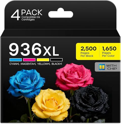 متوافقة مع خراطيش الحبر 936 936XL البديلة لمجموعة خراطيش الحبر 936 936e 936XL التي تعمل مع طابعات OfficeJet Pro 9110، 9120، 9130، 9730، 9720 (4 حزم، BK/C/Y/M) in Kuwait