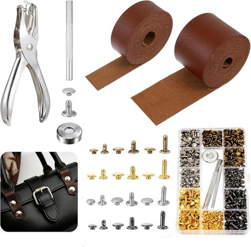 363 Pcs Leather Rivet Kit for Crafts 157 Inches Leather Straps Flat with 1 2 Inch Wide 360 Rivets and 1 Double Tubular Metal Studs Setting Craft Tool for DIY Craft Repairs Decoration in Kuwait