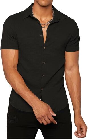 Mens Button Down Shirt Casual Short Sleeve Solid Color Hippie Yoga Plain Summer Beach Tops in Saudi Arabia
