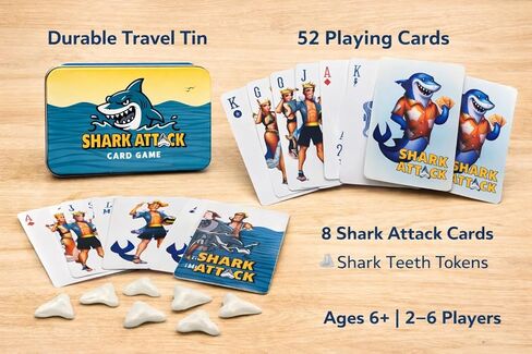 Shark Attack Card Game – Fast-Paced Family Strategy Game for All Ages, 2–6 Players, Includes 52 Cards & Shark Teeth Tokens in Durable Tin – Beach & Travel Game in Saudi Arabia