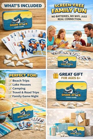 Shark Attack Card Game – Fast-Paced Family Strategy Game for All Ages, 2–6 Players, Includes 52 Cards & Shark Teeth Tokens in Durable Tin – Beach & Travel Game in Saudi Arabia