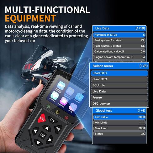 M60 2-in-1 OBD2 Scanner for Car & Motorcycle, Enhanced Live Data & Engine Fault Code Reader, Diagnostic Scan Tool for Error Check and Clear,Used for Almost OBDII Protocol Vehicles (Black) in Saudi Arabia