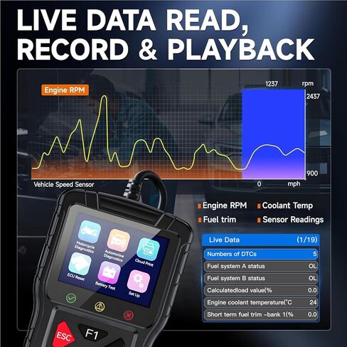 M60 2-in-1 OBD2 Scanner for Car & Motorcycle, Enhanced Live Data & Engine Fault Code Reader, Diagnostic Scan Tool for Error Check and Clear,Used for Almost OBDII Protocol Vehicles (Black) in Saudi Arabia