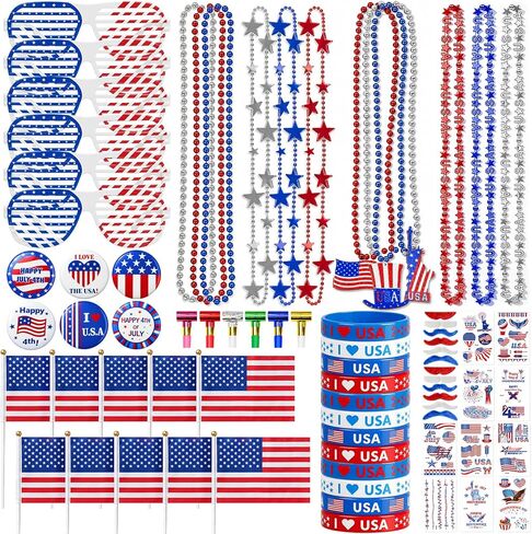 4 of July Accessories Party Favors, Independence Day Fourth of July Decorations American Memorial Parade Supplies with USA Flag, Glasses, Tatto, Blowouts, Gifts Red White Blue for Women Men in Saudi Arabia