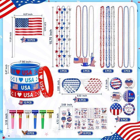 4 of July Accessories Party Favors, Independence Day Fourth of July Decorations American Memorial Parade Supplies with USA Flag, Glasses, Tatto, Blowouts, Gifts Red White Blue for Women Men in Saudi Arabia