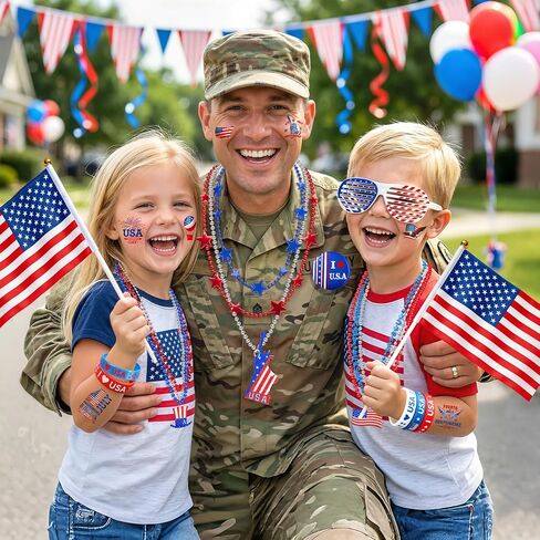 4 of July Accessories Party Favors, Independence Day Fourth of July Decorations American Memorial Parade Supplies with USA Flag, Glasses, Tatto, Blowouts, Gifts Red White Blue for Women Men in Saudi Arabia