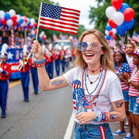 4 of July Accessories Party Favors, Independence Day Fourth of July Decorations American Memorial Parade Supplies with USA Flag, Glasses, Tatto, Blowouts, Gifts Red White Blue for Women Men in Saudi Arabia