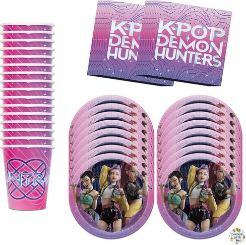 لوازم حفلات K-Pop Demon Hunters الفريدة | أساسيات أدوات المائدة | يخدم 16 | مرخص رسميًا | أطباق ومناديل وأكواب | أدوات مائدة عيد الميلاد للأطفال، إعداد سريع، تنظيف سهل in Kuwait