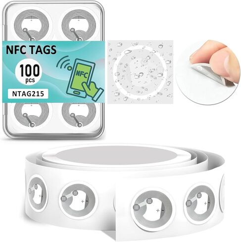 100 حزمة من ملصقات NFC NTAG215 القابلة للبرمجة، ملصقات لاصقة، علامات RFID شفافة قابلة لإعادة الكتابة، ذاكرة 504 بايت متوافقة مع TagMo وجميع الأجهزة التي تدعم NFC in Kuwait