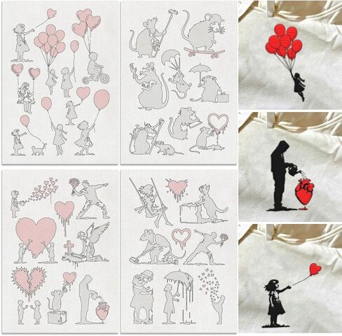 32Pcs Banksy Graffiti Water Soluble Hand Sewing Stabilizers, 8.3"x11.7" Mouse Embroidery Pattern Stabilizer, 4 Sheets Girl Heart Balloon Stick and Stitch Embroidery Paper Sticker in Kuwait