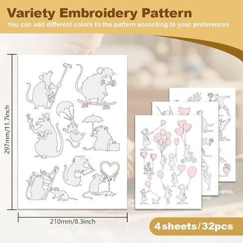 32Pcs Banksy Graffiti Water Soluble Hand Sewing Stabilizers, 8.3"x11.7" Mouse Embroidery Pattern Stabilizer, 4 Sheets Girl Heart Balloon Stick and Stitch Embroidery Paper Sticker in Kuwait