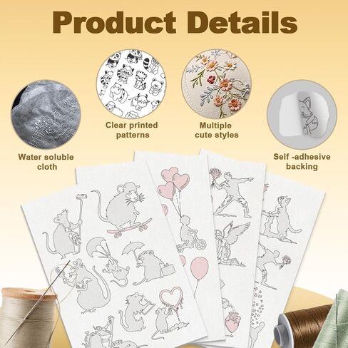 32Pcs Banksy Graffiti Water Soluble Hand Sewing Stabilizers, 8.3"x11.7" Mouse Embroidery Pattern Stabilizer, 4 Sheets Girl Heart Balloon Stick and Stitch Embroidery Paper Sticker in Kuwait