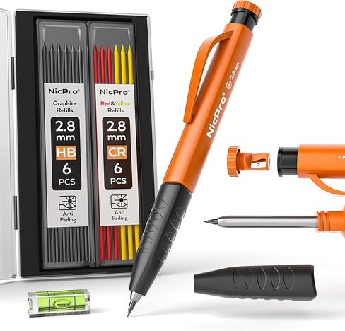 Nicpro 2 Pack Carpenter Pencil Set with Sharpener & Finger Grip, Mechanical Woodworking Pencils with 26 Refills (Red, Black, Yellow), Deep Hole Marker Heavy Duty Construction Pencils - With Case in Saudi Arabia