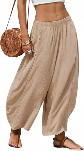 EXLURA Womens Faux Linen Wide Leg Boho Pants Summer Palazzo Casual Loose Elastic Waist Baggy Trousers Beach Vacation Pockets in Saudi Arabia