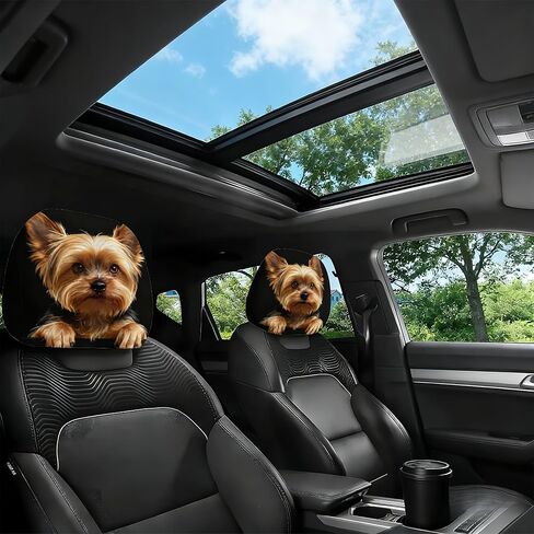 2pcs Yorkshire Terrier Dog Print Car Headrest Covers - Fun Canine Design Seat Protectors for Auto Interiors - Elastic Universal Fit - Washable Accessories for Daily Commuting and Road Trips in Kuwait