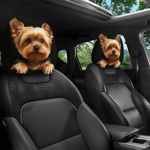 2pcs Yorkshire Terrier Dog Print Car Headrest Covers - Fun Canine Design Seat Protectors for Auto Interiors - Elastic Universal Fit - Washable Accessories for Daily Commuting and Road Trips in Kuwait