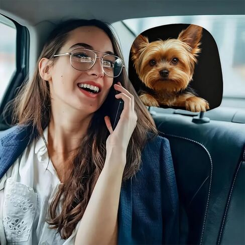 2pcs Yorkshire Terrier Dog Print Car Headrest Covers - Fun Canine Design Seat Protectors for Auto Interiors - Elastic Universal Fit - Washable Accessories for Daily Commuting and Road Trips in Kuwait