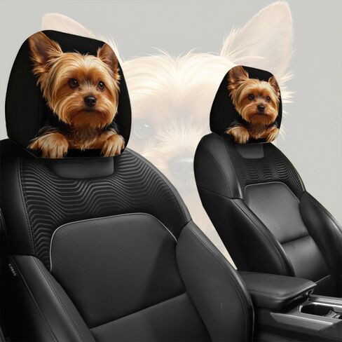 2pcs Yorkshire Terrier Dog Print Car Headrest Covers - Fun Canine Design Seat Protectors for Auto Interiors - Elastic Universal Fit - Washable Accessories for Daily Commuting and Road Trips in Kuwait