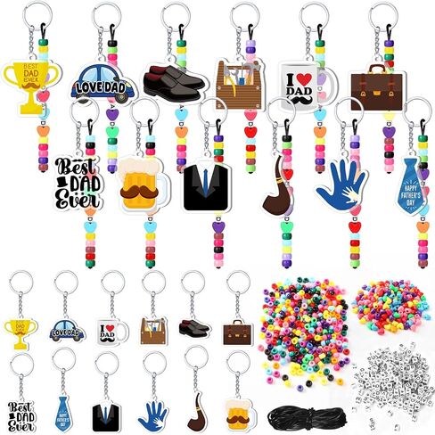 Tondiamo 36 Set Father's Day Keychain Craft Kits DIY Fathers Day Bead Keychain Making Kits Craft for Dad Letter Colored Beads Strings Acrylic Keyrings for Father Birthday Gifts Activities in Kuwait