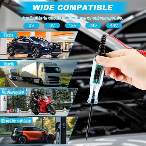 اختبار ضوء السيارات، جهاز اختبار دائرة LED الرقمية 3-48 فولت تيار مستمر قلم اختبار كهربائي للسيارة مع مشبك التمساح ومسبار فولاذي طويل، جهاز اختبار صمامات الجهد المستمر لشاحنة SUV RV in Kuwait