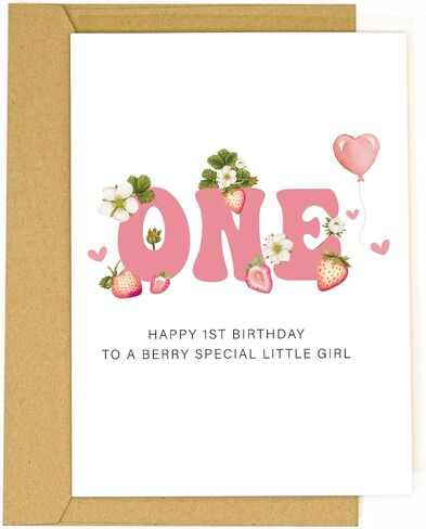 Berry First Birthday Card for Girl–Sweet Strawberry Themed 1st Birthday Greeting Card for Daughter Niece or Granddaughter – Baby Girl First Gift Card Cute Keepsake (Strawberry-Red) in Saudi Arabia