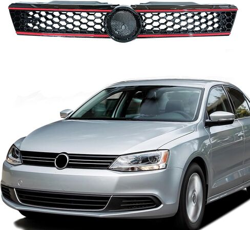 PartsFlow Hex Mesh Front Grille - Carbon Fiber Print W/Red Trim For 2011 2012 2013 2014 VW Jetta/MK6/Sedan 5C6853653A in Kuwait