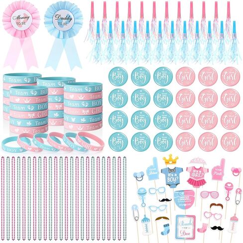 126 Pcs Baby Gender Reveal Party Favors Supplies include Team Boy or Girl Pins Daddy and Mommy Badge Pin Silicone Bracelet Photo Prop Necklace Noise Makers Ideas Baby Shower Games Party Decor in Kuwait