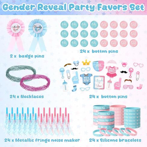 126 Pcs Baby Gender Reveal Party Favors Supplies include Team Boy or Girl Pins Daddy and Mommy Badge Pin Silicone Bracelet Photo Prop Necklace Noise Makers Ideas Baby Shower Games Party Decor in Kuwait