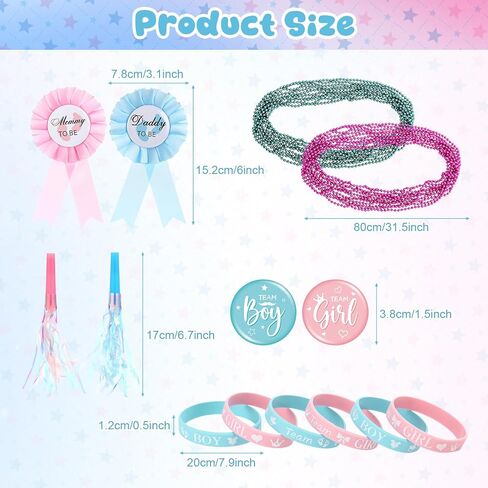 126 Pcs Baby Gender Reveal Party Favors Supplies include Team Boy or Girl Pins Daddy and Mommy Badge Pin Silicone Bracelet Photo Prop Necklace Noise Makers Ideas Baby Shower Games Party Decor in Kuwait