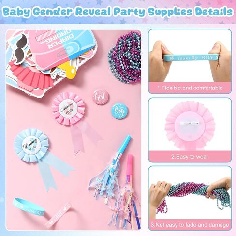 126 Pcs Baby Gender Reveal Party Favors Supplies include Team Boy or Girl Pins Daddy and Mommy Badge Pin Silicone Bracelet Photo Prop Necklace Noise Makers Ideas Baby Shower Games Party Decor in Kuwait