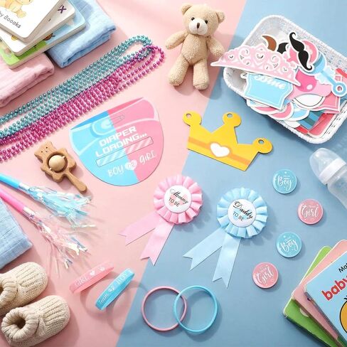 126 Pcs Baby Gender Reveal Party Favors Supplies include Team Boy or Girl Pins Daddy and Mommy Badge Pin Silicone Bracelet Photo Prop Necklace Noise Makers Ideas Baby Shower Games Party Decor in Kuwait