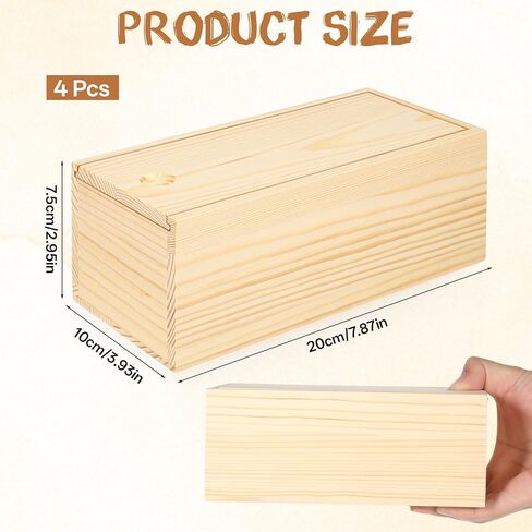 4 Pack Unfinished Wood Storage Box with Slide Lid, 8×4×3in, Blank Natural Wood Case Container, Small Wooden Storage Crates Container for Art Hobbies, DIY Craft, Jewelry Bead Organizer in Kuwait