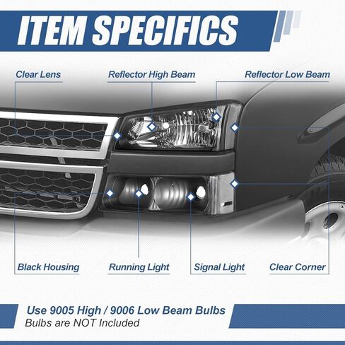 مجموعة المصابيح الأمامية من نوع Auto Dynasty متوافقة مع 2003-2007 Chevy Avalanche Silverado 1500 2500 HD 3500، 4 قطع استبدال المصابيح الأمامية الهالوجين مع مصابيح ممتصة للصدمات، غير تكسية OE، زاوية شفافة للإسكان الأسود in Kuwait