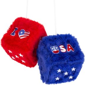 4th of July Fuzzy Dice for Car Rear View Mirror, Patriotic Decorations Plush Hanging Dice, Embroidered I Love USA Design, Red White and Blue Car Accessories for Indoor Outdoor Decor Pair in Saudi Arabia