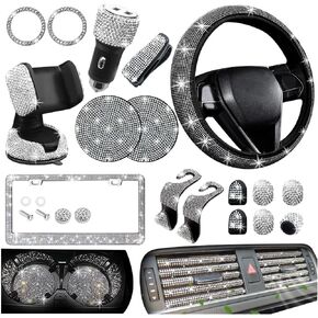 27PCS Bling Car Accessories Set for Women, 14.5-15" Rhinestone Steering Wheel Cover Cup Coaster, USB Charger Phone Holder Headrest Hook, Diamond Auto Interior Decor, Universal Fit (Pink) in Saudi Arabia