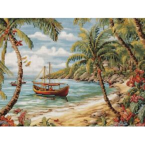 KFBXZIP Seaside Beach Palm Tree Cross Stitch Kits for Beginners Pattern Stamped Cross Stitch Supplies Needlework DIY 11CT 3 Strands Cotton Thread Printed DIY Needlepoint Kits, 12x16 inch in Saudi Arabia