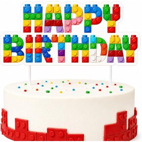 Building Block Happy Birthday Cake Topper for Boys, Colorful Brick Style Birthday Cake Decoration, Large Preassembled Birthday Cake Pick for 3 4 5 6 Year Old Boy Birthday Party Supplies in Saudi Arabia