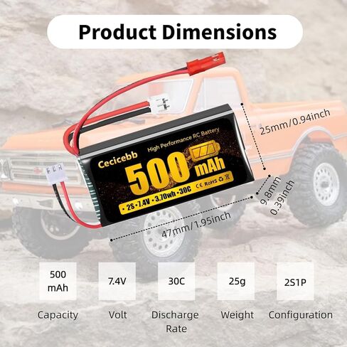 7.4V Lipo Battery 2S 30C 500mAh Rechargeable RC Lipo with JST & PH2.0 Plug for Axial SCX24 RC Car and 1/10, 1/16, 1/18, 1/24 Scale RC Cars Vehicle Trucks 2 Pack SCX24 Small Lipo Battery in Saudi Arabia