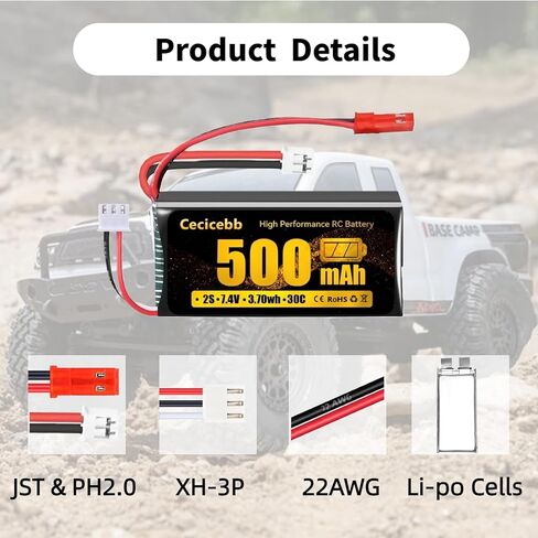 7.4V Lipo Battery 2S 30C 500mAh Rechargeable RC Lipo with JST & PH2.0 Plug for Axial SCX24 RC Car and 1/10, 1/16, 1/18, 1/24 Scale RC Cars Vehicle Trucks 2 Pack SCX24 Small Lipo Battery in Saudi Arabia