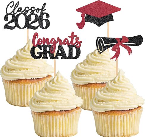 Graduation Decorations 24 Pcs Graduation Cake Topper Congrats Grad Gold Glitter Class of 2026 Cupcake Toppers Grad Cap Graduation Party Decorations in Kuwait