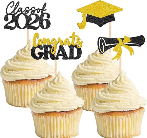 Graduation Decorations 24 Pcs Graduation Cake Topper Congrats Grad Gold Glitter Class of 2026 Cupcake Toppers Grad Cap Graduation Party Decorations in Saudi Arabia