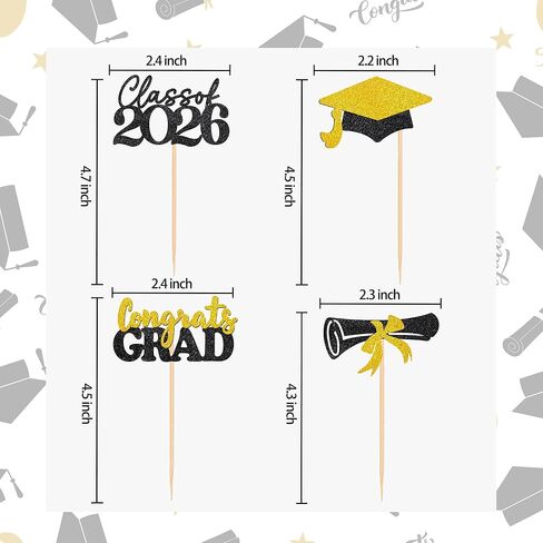 Graduation Decorations 24 Pcs Graduation Cake Topper Congrats Grad Gold Glitter Class of 2026 Cupcake Toppers Grad Cap Graduation Party Decorations in Saudi Arabia
