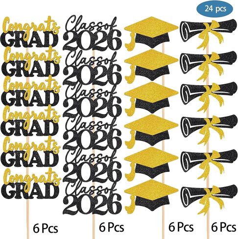 Graduation Decorations 24 Pcs Graduation Cake Topper Congrats Grad Gold Glitter Class of 2026 Cupcake Toppers Grad Cap Graduation Party Decorations in Saudi Arabia