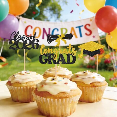 Graduation Decorations 24 Pcs Graduation Cake Topper Congrats Grad Gold Glitter Class of 2026 Cupcake Toppers Grad Cap Graduation Party Decorations in Saudi Arabia