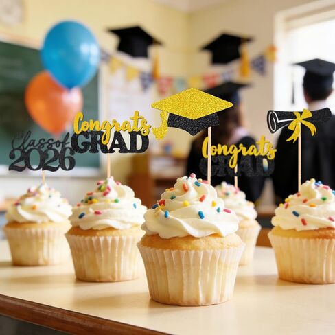 Graduation Decorations 24 Pcs Graduation Cake Topper Congrats Grad Gold Glitter Class of 2026 Cupcake Toppers Grad Cap Graduation Party Decorations in Saudi Arabia