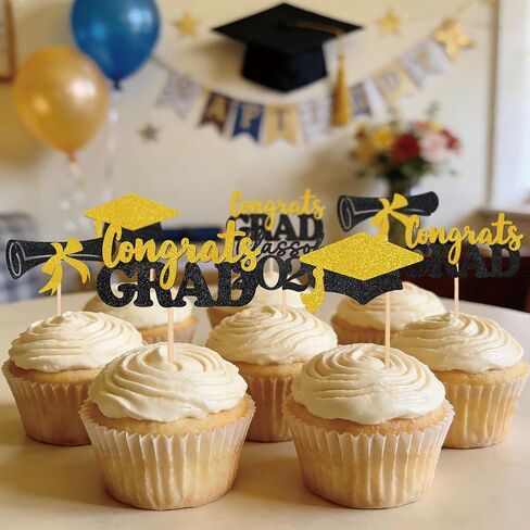 Graduation Decorations 24 Pcs Graduation Cake Topper Congrats Grad Gold Glitter Class of 2026 Cupcake Toppers Grad Cap Graduation Party Decorations in Saudi Arabia