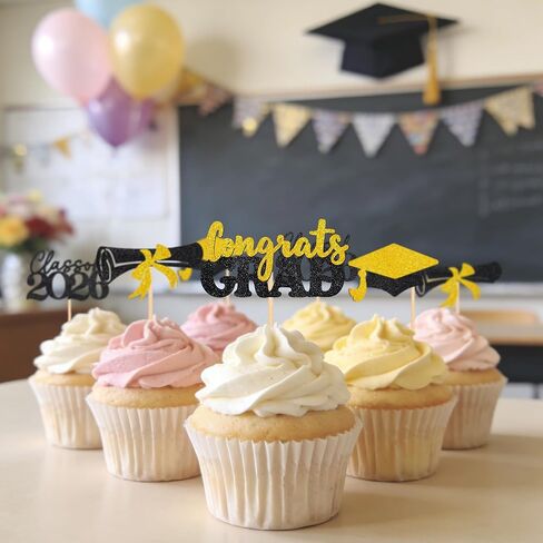 Graduation Decorations 24 Pcs Graduation Cake Topper Congrats Grad Gold Glitter Class of 2026 Cupcake Toppers Grad Cap Graduation Party Decorations in Saudi Arabia