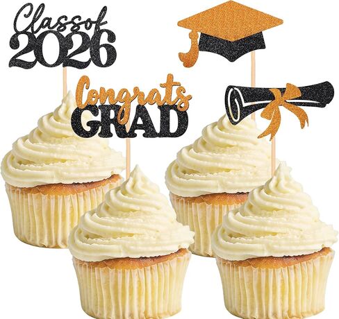 Graduation Decorations 24 Pcs Graduation Cake Topper Congrats Grad Gold Glitter Class of 2026 Cupcake Toppers Grad Cap Graduation Party Decorations in Saudi Arabia