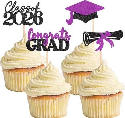 Graduation Decorations 24 Pcs Graduation Cake Topper Congrats Grad Gold Glitter Class of 2026 Cupcake Toppers Grad Cap Graduation Party Decorations in Saudi Arabia